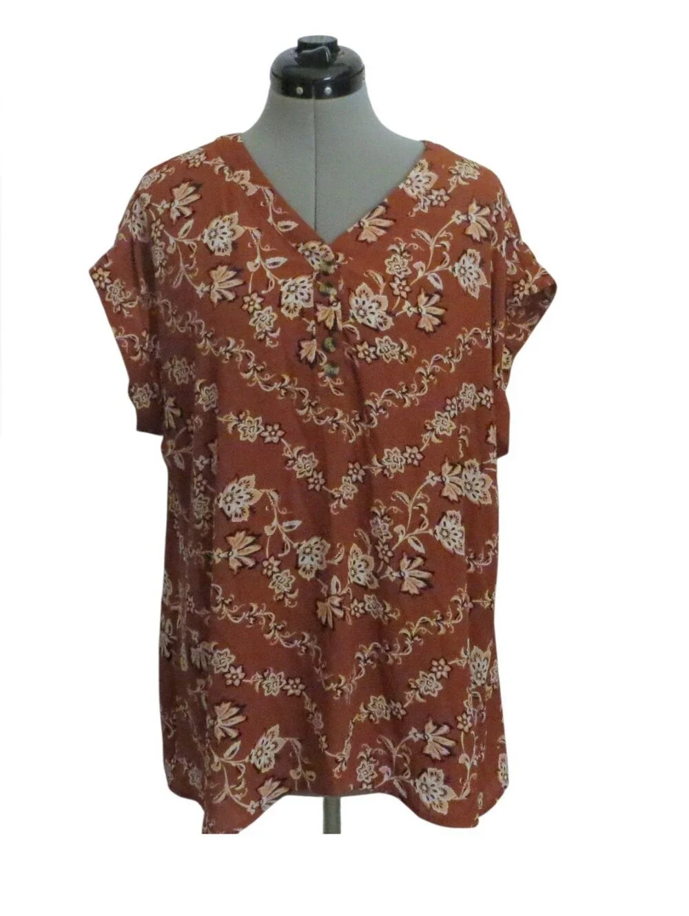 Maurices Women's Plus Floral Print Short Sleeve Blouse Rust Terracotta Size 1